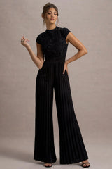 Tanner | Black Cap-Sleeve Plisse Wide-Leg Jumpsuit