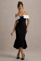 Corola | Black & White Bardot Volume-Hem Midi Dress