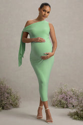 Katarine | Light Green Asymmetric Knot Maternity Midi Dress