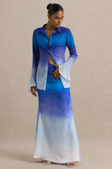 Serita | Blue Ombre Satin Split Maxi Skirt