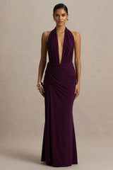 Tilly | Burgundy Extreme Plunge-Neck Maxi Dress With Wrap And Ruched Details