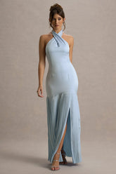 Sansa | Powder Blue Satin Cross Halter-Neck Plisse Maxi Dress