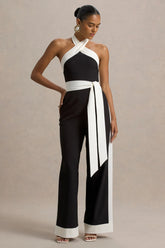 Caterina | Black & White Halter-Neck Wide-Leg Jumpsuit