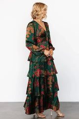 Montrouge Tiered Satin Dress | Emerald Floral