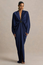 Tina | Navy Satin Plunge-Neck Embellished Maxi Dress
