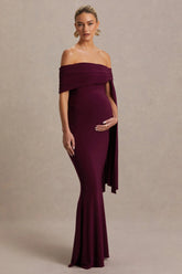 Aquila | Burgundy Bardot Maternity Maxi Dress With Drape Sleeve