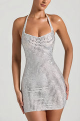 Embellished Halterneck Mini Dress in White