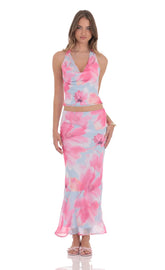 Tropical Floral Maxi Skirt in Blue and Pink