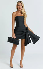 Ada Mini Dress - Strapless Rosette Draped Waist Dress in Black