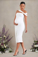 Just Wait | White Asymmetric Strappy Maternity Midi Dress With Drape