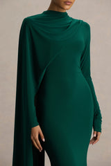 Always | Bottle Green High-Neck Maxi Dress With Cape Sleeve Detail