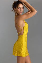 Embellished Scoop Halterneck Mini Dress in Buttercup