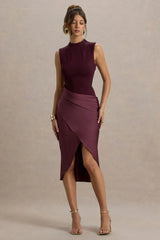 All Yours | Dark Cherry Satin High-Neck Wrap Midi Dress
