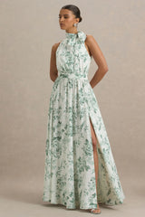Talia | Green Floral Print High-Neck Maxi Dress With Front High Split