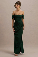 Annie | Bottle Green Satin Bardot Maxi Dress With Split Wrap Skirt