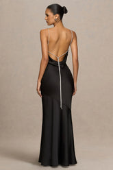 Maelia | Black Satin Cowl-Neck Maxi Dress With Diamante Straps