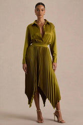 Naxos | Olive Satin Maxi Shirt Dress