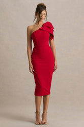 Ambretta | Red One-Shoulder Midi Dress With Bow