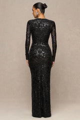 Stellar | Black Embellished Lace High-Neck Maxi Dress With Long Sleeves