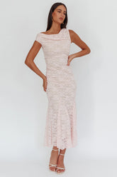 Diana Asymmetric Shoulder Godet Maxi Dress Lace Pink
