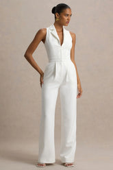Trixie | White Plunge-Neck Tailored Jumpsuit