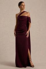 Yazmin | Burgundy Satin Asymmetric Maxi Dress With One-Sleeve Cape