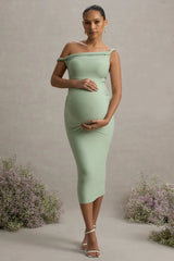 Salome | Light Green Twisted Asymmetric Maternity Midi Dress