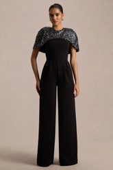 Eloriana | Black Hand-Embellished High-Neck Jumpsuit