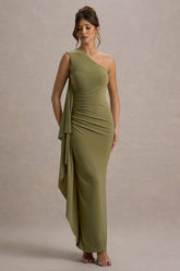 Adelina | Olive One-Shoulder Maxi Dress With Drape