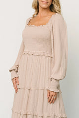 Amanda Smocked Dotted Maxi Dress | Beige