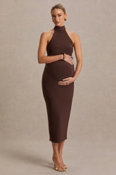 Mireille | Brown Halter-Neck Maternity Midi Dress
