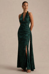 Talula | Dark Green Extreme Plunge-Neck Maxi Dress With Sash And Front-High Split