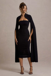 Linden | Black Bodycon Cape-Sleeve Midi Dress