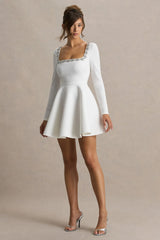 Astonish | White Long-Sleeve Embellished Mini Dress With Volume Skirt