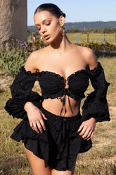 Postcard | Black Lace Bardot Puff-Sleeved Crop Top