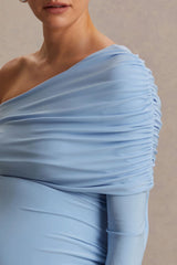 Amara | Powder Blue Asymmetric-Neck Maternity Maxi Dress With Sash Detail