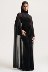 Adoring | Black Velvet High-Neck Maxi Dress With Cape