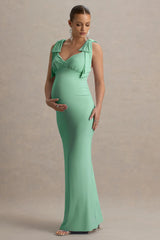 Sheen | Light Green Sweetheart Bow Strap Maternity Maxi Dress
