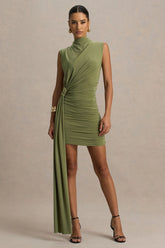 Sorenna | Olive High-Neck Mini-Dress With Wrap And Sash Detail