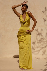 Mademoiselle | Yellow Cowl-Neck Maxi Dress With Draped Detailing