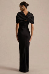 Yoli | Black Satin Maxi Dress With Removable Twist-Cape