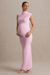 Kienna | Pink Ruched High-Neck Maternity Maxi Dress