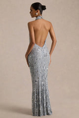 Zaira | Silver Sequin High-Neck Maxi Dress With Open-Back