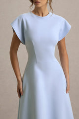Linda | Powder Blue Crew-Neck Cap-Sleeve Midi Dress