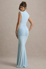 Graziana | Powder Blue High-Neck Gathered Draped Maxi Dress