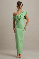 Angelina | Green Draped Shoulder Maxi Dress