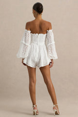 Mariella | White Broderie Bardot Ruffled Playsuit