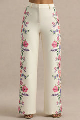 Solana | White Floral Border Print Wide-Leg Trousers