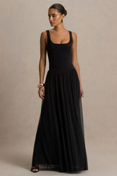 Amelia | Black Scoop-Neck Maxi Dress With Drop Waist And Pleating