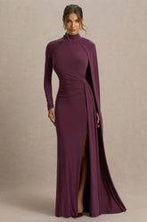 Anticipation | Burgundy High-Neck Maxi Dress With Front Split And Ruched Detailing